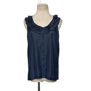 J. Crew navy blue ruffled neck sleeveless button blouse size 6